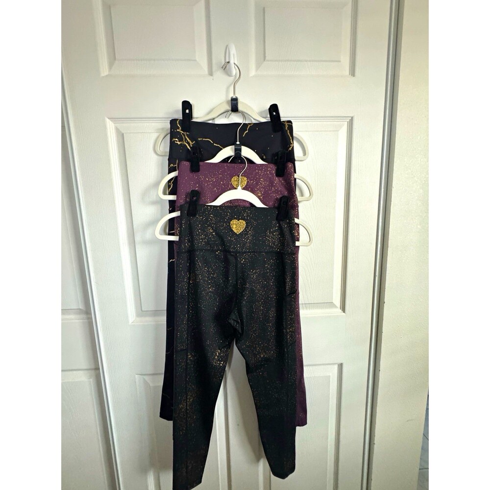 LoveHerShop LOT 3-Pair High Rise Workout Leggings Black/Gold, Purple/Gold Size M